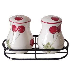 Cherry Salt and Pepper Shakers with Metal Holder